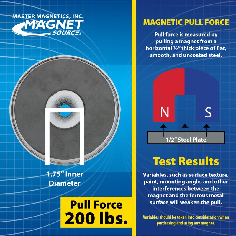Master Magnetics Ceramic Round Base Magnet Pack - Heavy-Duty Strong Magnets - 200 lb Pull Each - for Indoor and Outdoor Use - Chrome-Plated - 4.90" Diameter - 0.50" Hole - 0.50" Thick - 2-Pack - Image 5